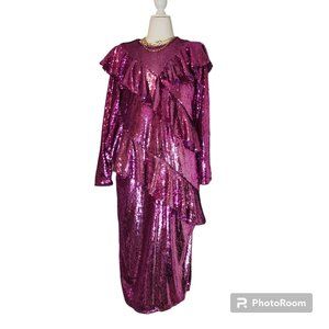 #026. Fuschia Sequined Ruffled Midi Dress-Asos